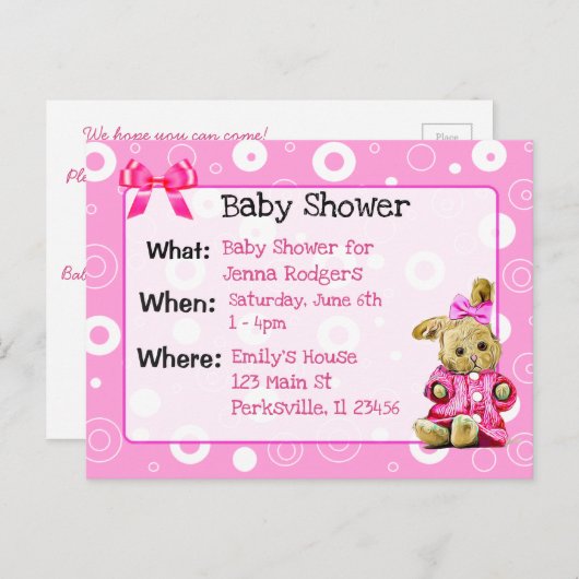 ピンクバニーガールズベビーシャワー招待状 インビテーションポストカード (正面/裏面)