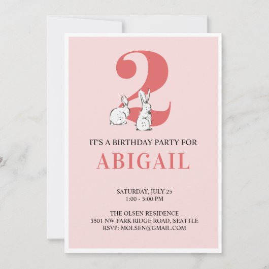 ピンクバニーセカンド誕生日招待状 招待状 (正面)