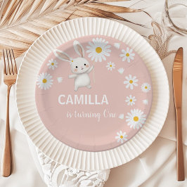 ピンクバニーデイジー誕生日サンキューラベル ペーパープレート