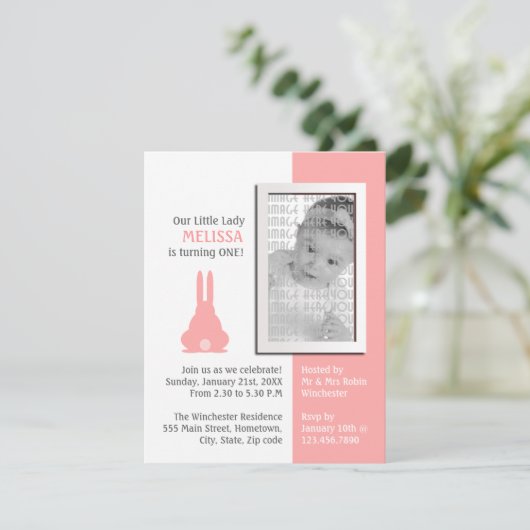 ピンクバニーフォト誕生日 招待状 (スタンド正面)