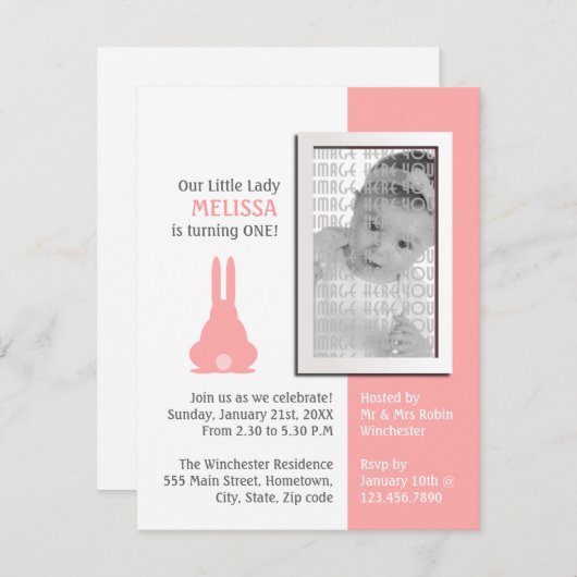 ピンクバニーフォト誕生日 招待状 (正面/裏面)