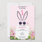 ピンクバニーフラワーガーデン春サマー誕生日 招待状 (正面)