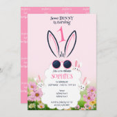 ピンクバニーフラワーガーデン春サマー誕生日 招待状 (正面/裏面)