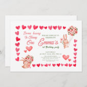 ピンクバニーフローラの最初の誕生日 招待状 (正面/裏面)