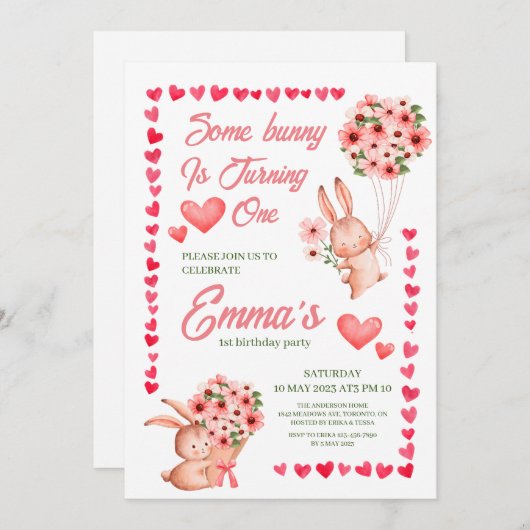 ピンクバニーフローラ誕生日の招待状 招待状 (正面/裏面)