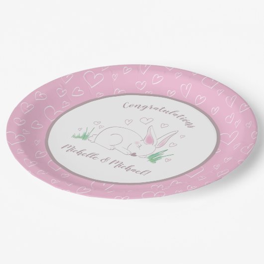 ピンクバニーベビーシャワーウッドランドウォーター色 ペーパープレート (アングル)