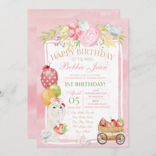 ピンクバニーラデイブストロベリーフローラ誕生日 招待状 (正面/裏面)