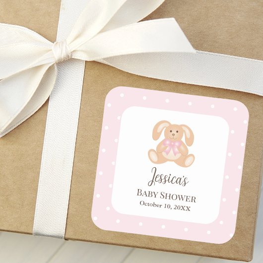 ピンクバニーラビットカワイイ水玉模様ガールベビーシャワー スクエアシール