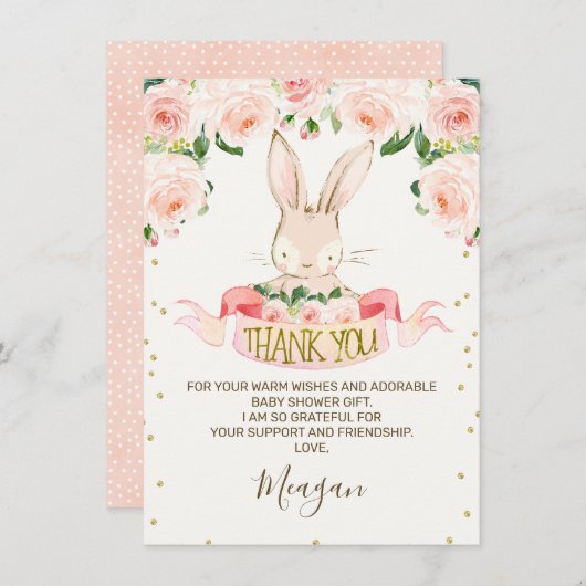 ピンクバニーラビットベビーシャワーサンキューカード 招待状 (正面/裏面)