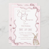 ピンクバニーリボンヴィンテージベビーシャワー 招待状 (正面/裏面)