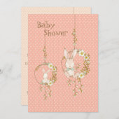 ピンクバニー動物フローラ赤ちゃんシャワー 招待状 (正面/裏面)