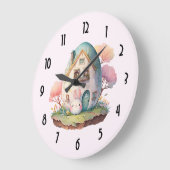 ピンクバニー&エッグシェイプハウスかわいいスタイル ラージ壁時計 (傾斜)