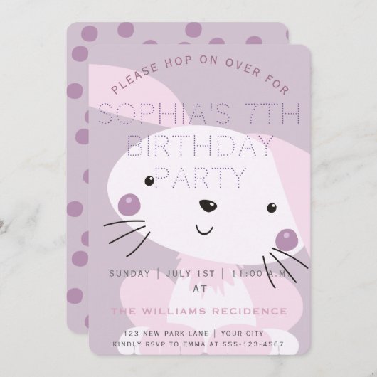 ピンクバニー&パープル水玉模様ガールズバースデーパーティー 招待状 (正面/裏面)