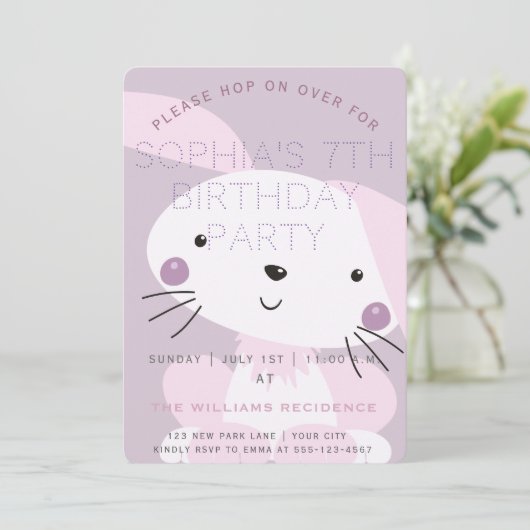 ピンクバニー&パープル水玉模様ガールズバースデーパーティー 招待状 (スタンド正面)