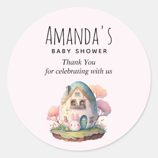 ピンクバニー&卵型ハウスかわいいビーブシャワー ラウンドシール (正面)