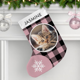 ピンクバファローチェックのカスタムペット猫写真入り スモールクリスマスストッキング