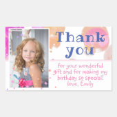 ピンクバブルガーリー写真誕生日ありがとう 長方形シール (正面)