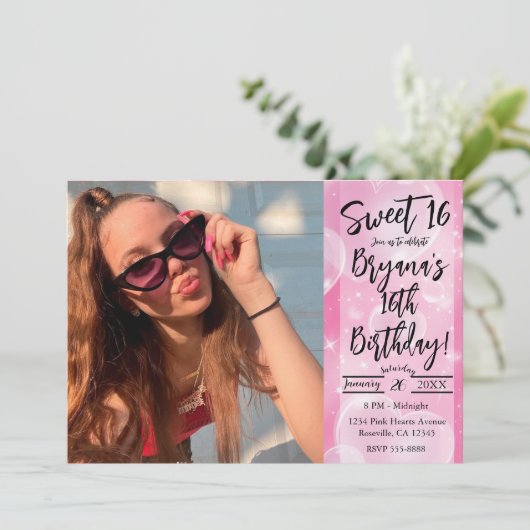 ピンクバブルハートかわいいガーリー誕生日スウィート16 招待状 (スタンド正面)