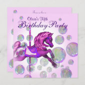 ピンクバブル回転木馬ポニーガールズバースデーパーティー 招待状 (正面/裏面)