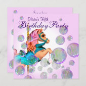 ピンクバブル回転木馬ポニーガールズバースデーパーティー 招待状 (正面/裏面)