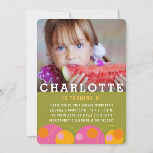 ピンクバブル水玉模様フォトボーイバースデーパーティー 招待状 (正面)