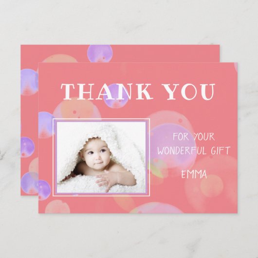 ピンクバブル誕生日写真ありがとうはがき インビテーションポストカード (正面/裏面)