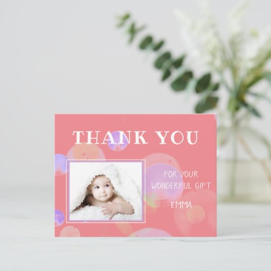 ピンクバブル誕生日写真ありがとうはがき インビテーションポストカード (スタンド正面)