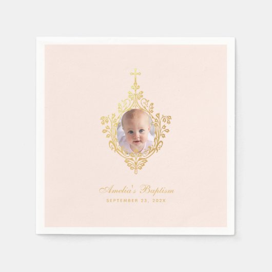 ピンクバプティスガール写真フェイク金ゴールドクロスヴィンテージ スタンダードカクテルナプキン (正面)