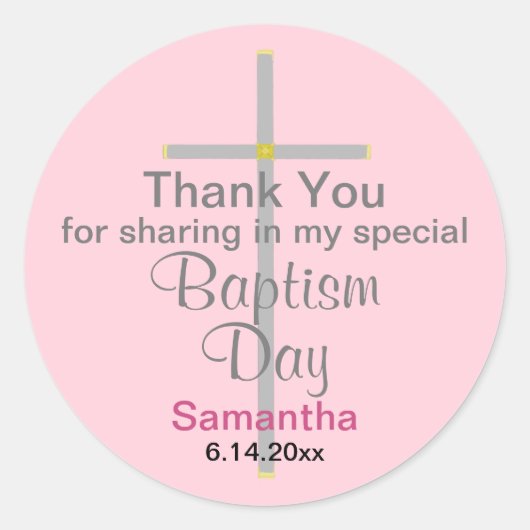 ピンクバプティスドーターシルバークロスありがとう ラウンドシール (正面)