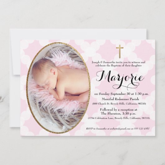 ピンクバプテスマの女の子写真金ゴールドクロス 招待状 (正面)