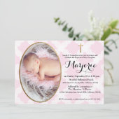 ピンクバプテスマの女の子写真金ゴールドクロス 招待状 (スタンド正面)