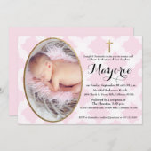 ピンクバプテスマの女の子写真金ゴールドクロス 招待状 (正面/裏面)