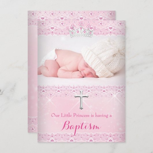 ピンクバプテスマベビーガールティアラの写真 招待状 (正面/裏面)