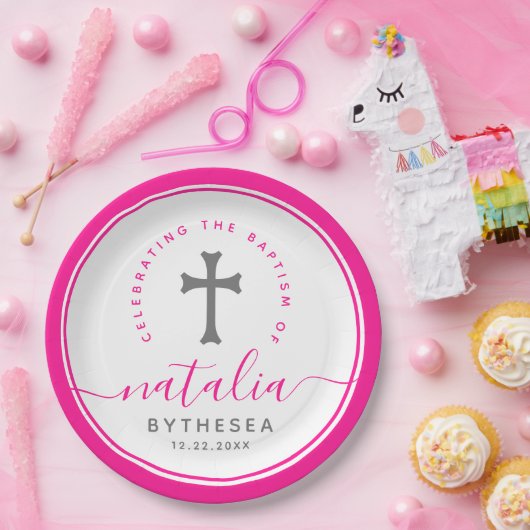 ピンクバプテスマ《キリスト教》洗礼式や命名式命名十字架 ペーパープレート (パーティー)