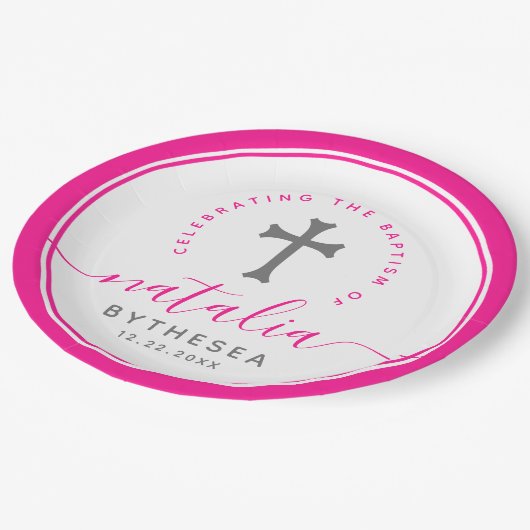 ピンクバプテスマ《キリスト教》洗礼式や命名式命名十字架 ペーパープレート (アングル)