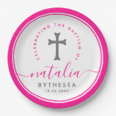 ピンクバプテスマ《キリスト教》洗礼式や命名式命名十字架 ペーパープレート (正面)