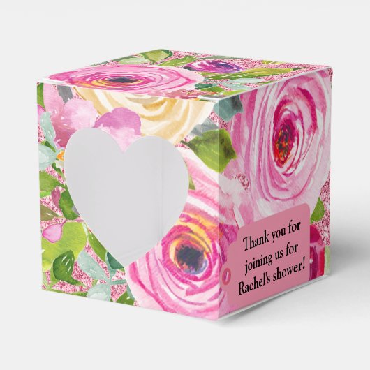 ピンクバラの水色グリッター パーソナライズされた フェイバーボックス (正面サイド)