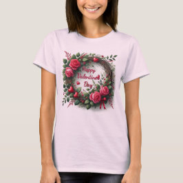 ピンクバラの赤いハート バレンタインデー  Tシャツ