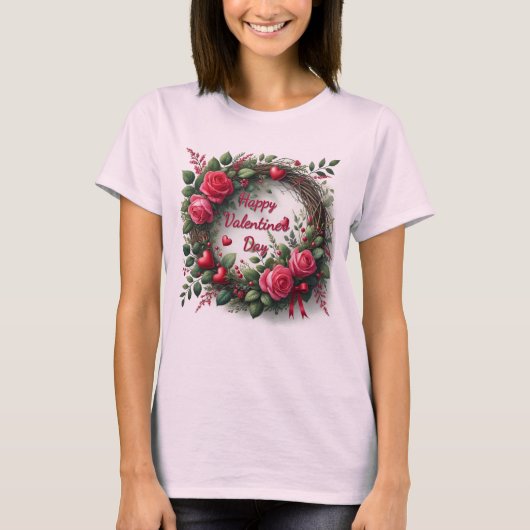 ピンクバラの赤いハート バレンタインデー Tシャツ (正面)