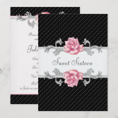 ピンクバラ黒水玉Sweet Sixteen 誕生日 招待状 (正面/裏面)