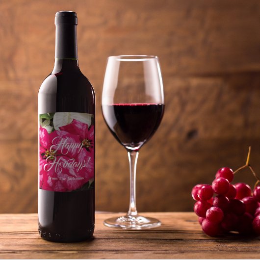 ピンクバリエットポインセティアスパーソナライズされたホリデー ワインラベル