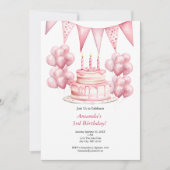 ピンクバルーンお誕生日ケーキバナーガール第3誕生 招待状 (正面)