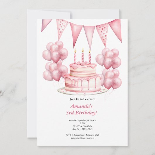 ピンクバルーンお誕生日ケーキバナーガール第3誕生 招待状 (正面)