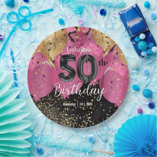 ピンクバルーンとグリッター50誕生日 ペーパープレート (パーティー)