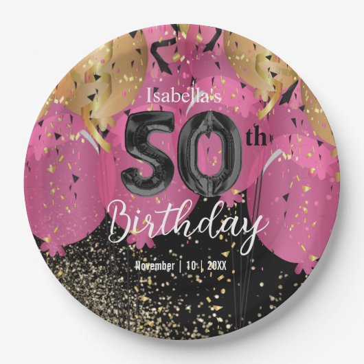 ピンクバルーンとグリッター50誕生日 ペーパープレート (正面)