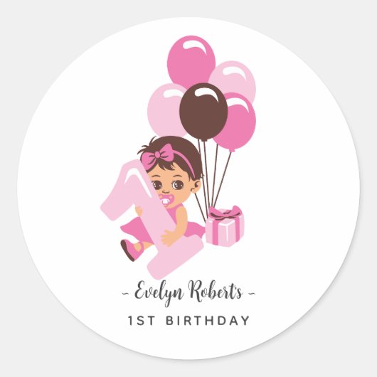 ピンクバルーンの赤ちゃん女の子1歳の誕生日 ラウンドシール (正面)