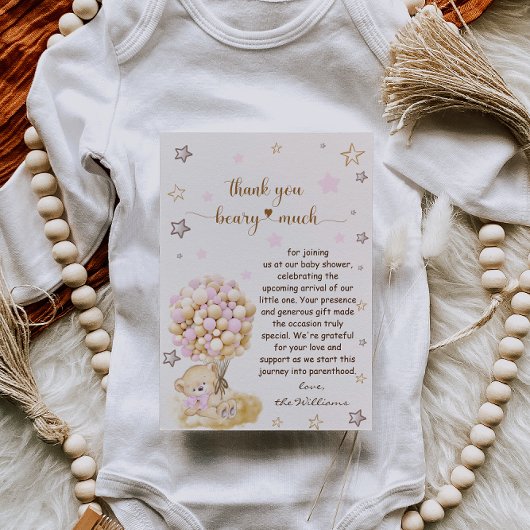 ピンクバルーンを持つテディベア赤ちゃんシャワー サンキューカード
