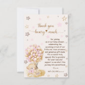 ピンクバルーンを持つテディベア赤ちゃんシャワー サンキューカード (正面)