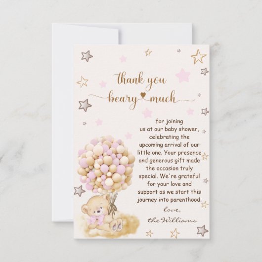 ピンクバルーンを持つテディベア赤ちゃんシャワー サンキューカード (正面)