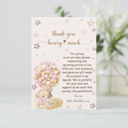 ピンクバルーンを持つテディベア赤ちゃんシャワー サンキューカード (スタンド正面)